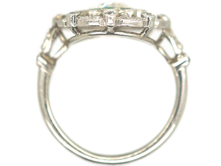 Art Deco Platinum, Emerald & Diamond Target Ring with Diamond Set Shoulders