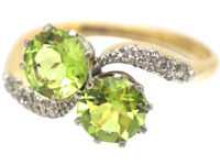 Edwardian 18ct Gold & Platinum Two Stone Peridot & Diamond Crossover Ring