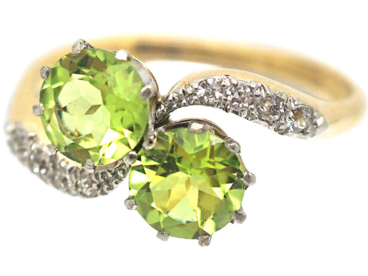 Edwardian 18ct Gold & Platinum Two Stone Peridot & Diamond Crossover Ring