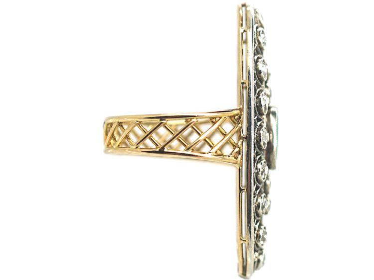 Art Deco Large 18ct Gold & Platinum, Emerald & Diamond Oval Shaped Ring