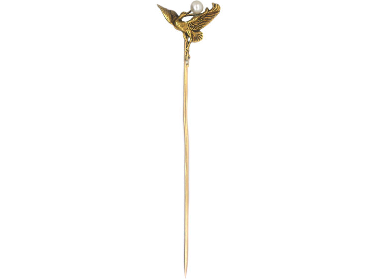 Art Nouveau 18ct Gold Tie Pin of a Stork with a Pearl in its Beak