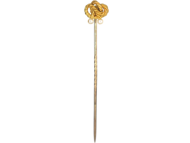 Edwardian 15ct Gold Lover's Knot Tie Pin with Two Pearls