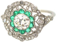 Art Deco Platinum, Emerald & Diamond Target Ring with Diamond Set Shoulders