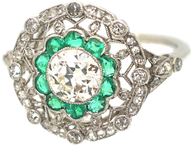 Art Deco Platinum, Emerald & Diamond Target Ring with Diamond Set Shoulders