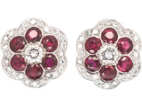 18ct White Gold Ruby & Diamond Cluster Earrings