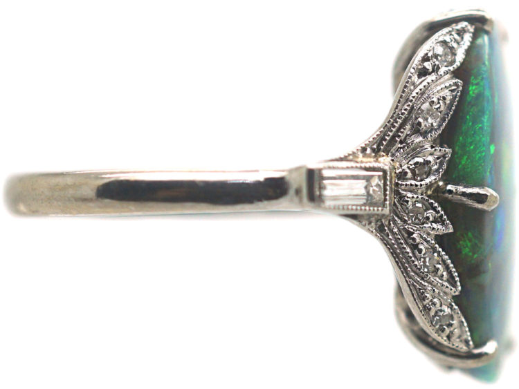 Art Deco 18ct White Gold, Black Opal & Diamond Ring