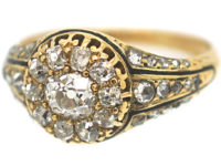 Victorian 18ct Gold & Diamond Cluster Ring with Black Enamel