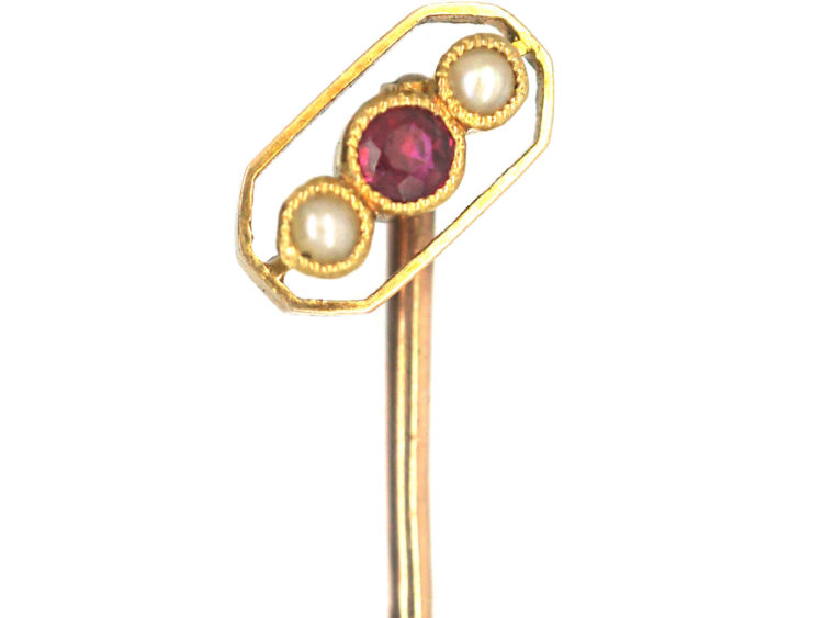 Art Deco 15ct Gold Ruby & Natural Split Pearl Tie Pin