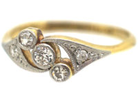 Edwardian 18ct Gold & Platinum, Three Stone Crossover Ring with Diamond Set Shoulders
