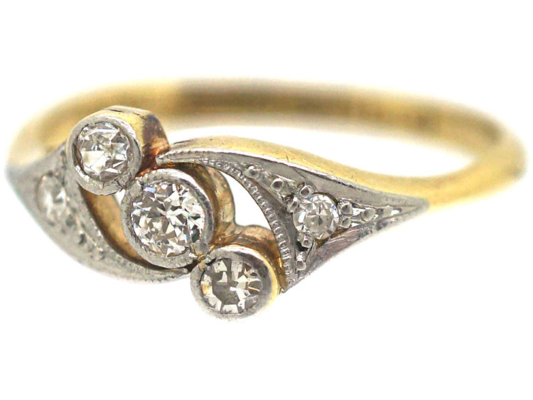 Edwardian 18ct Gold & Platinum, Three Stone Crossover Ring with Diamond Set Shoulders