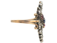 Art Nouveau Austrian 14ct Gold, Ruby Sapphire & Rose Diamond Floral Ring