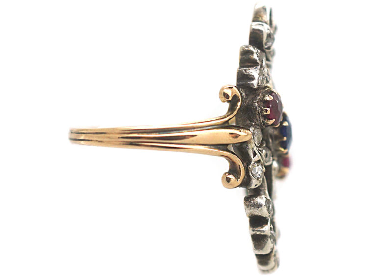 Art Nouveau Austrian 14ct Gold, Ruby Sapphire & Rose Diamond Floral Ring