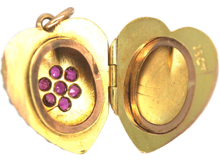 Edwardian 15ct Gold Heart Shaped Locket set with Rubies & Natural Split Pearls