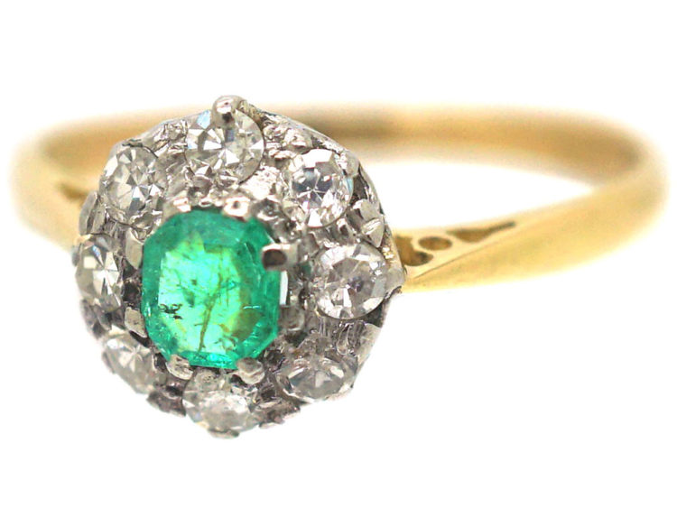 Edwardian 18ct Gold, Emerald & Diamond Cluster Ring
