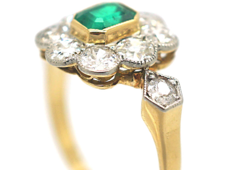 Edwardian 18ct Gold, Emerald & Diamond Cluster Ring with Diamond Set Shoulders