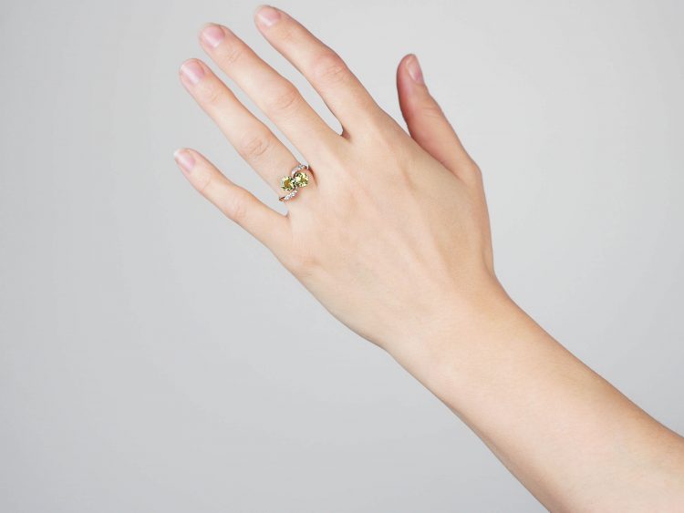 Edwardian 18ct Gold & Platinum Two Stone Peridot & Diamond Crossover Ring