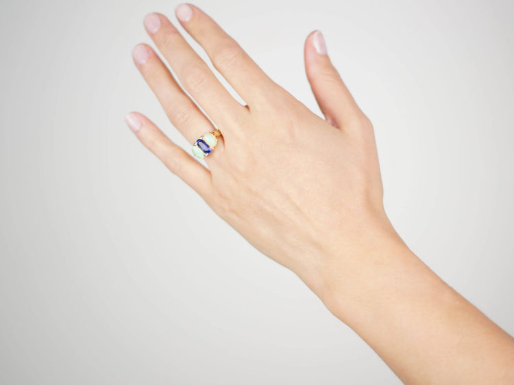 Victorian 18ct Gold Sapphire & Opal Three Stone Carved Half Hoop Ring with Rose Diamond Points