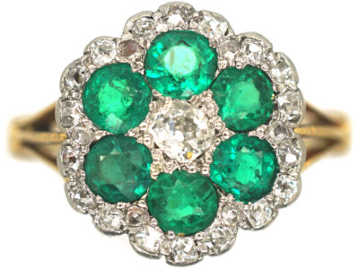 Edwardian 18ct Gold, Emerald & Diamond Flower Cluster Ring