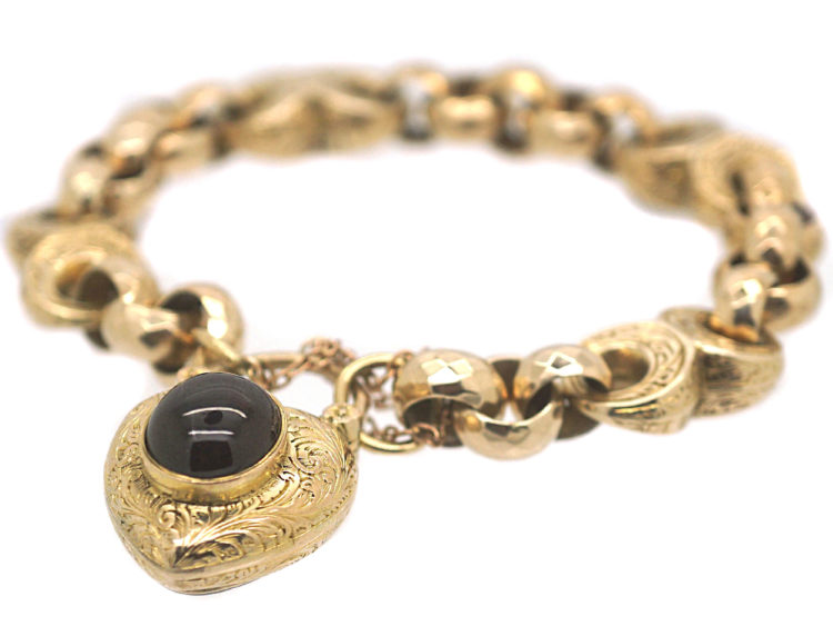 Victorian 9ct Gold Ornate Bracelet with Heart Shaped Padlock set with a Cabochon Garnet