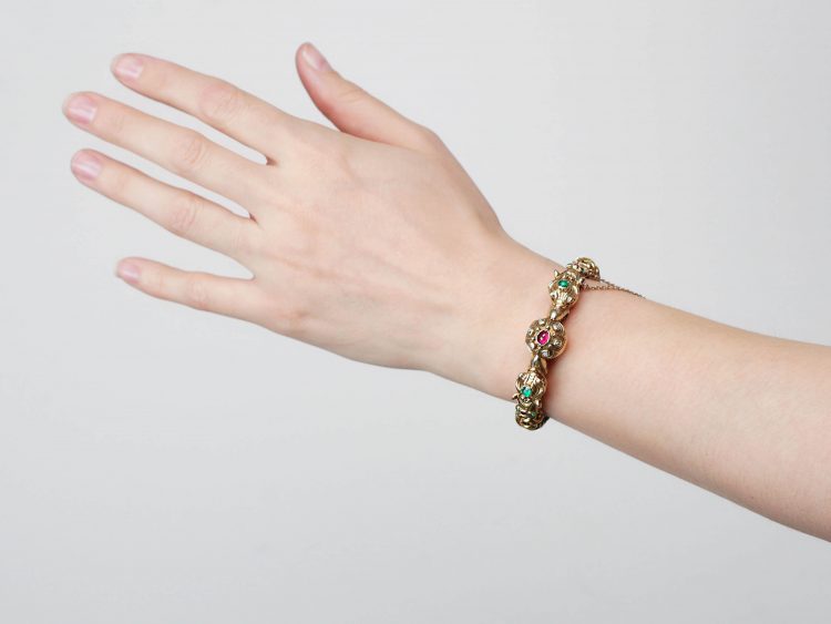 Georgian 18ct Gold Dragon's Heads Bracelet set with Emeralds, Rubies & Diamonds