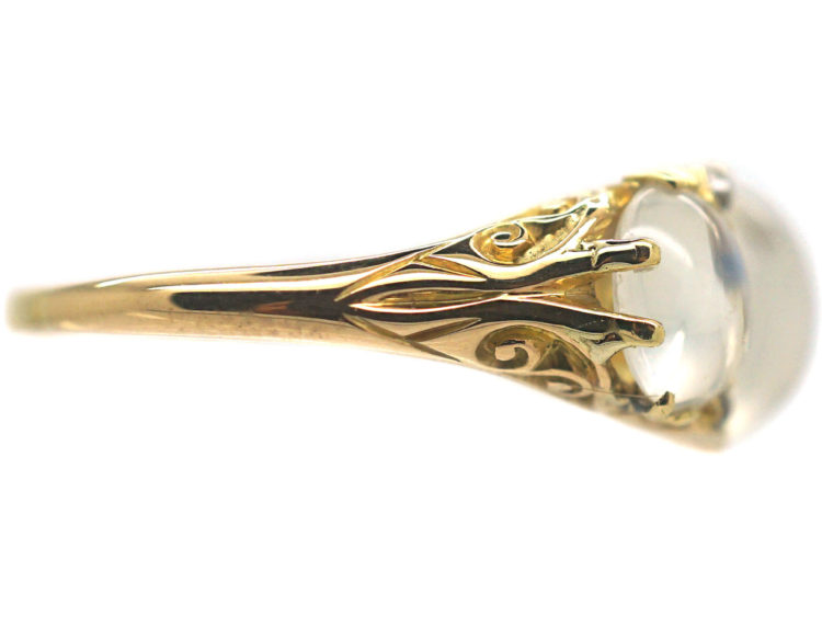 Victorian 18ct Gold Three Stone Moonstone & Diamond Carved Half Hoop Ring