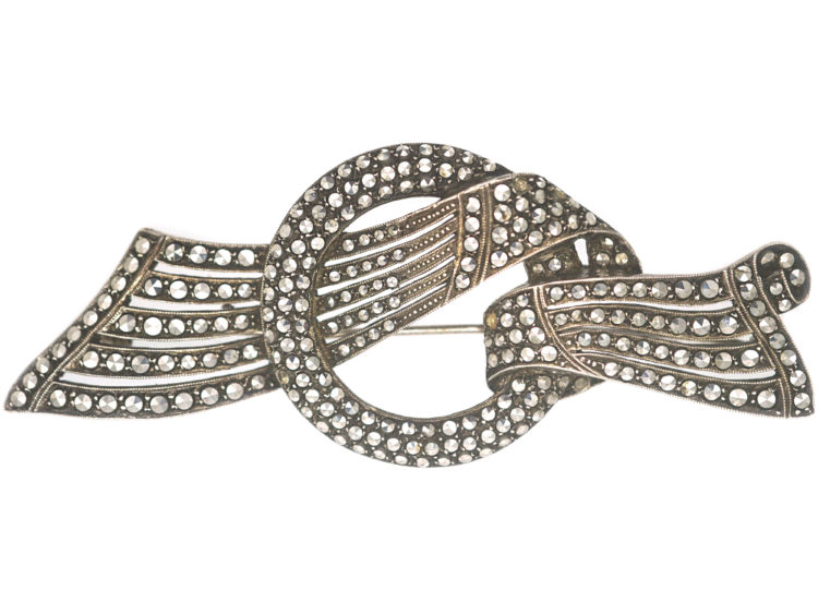 Art Deco Large Silver & Marcasite Bow Brooch