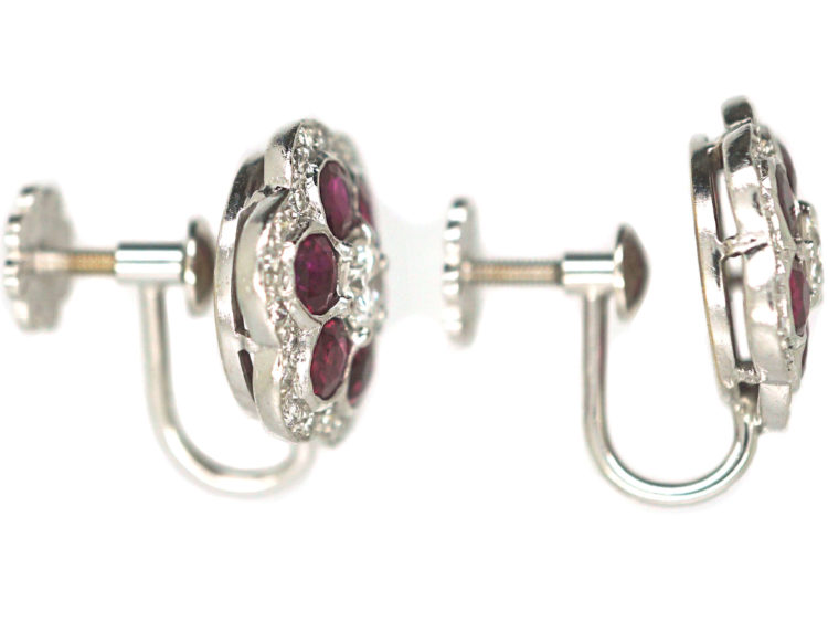 18ct White Gold Ruby & Diamond Cluster Earrings