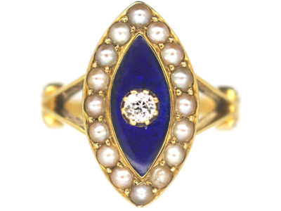 Victorian 18ct Gold, Blue Enamel, Natural Split Pearls & Diamond Navette Shaped Ring