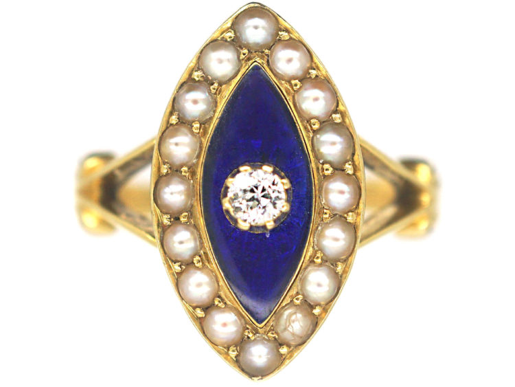 Victorian 18ct Gold, Blue Enamel, Natural Split Pearls & Diamond Navette Shaped Ring
