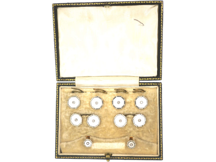 Art Deco 9ct Yellow Gold & 18ct White Gold, Mother of Pearl & Diamonds Cufflinks & Studs Dress Set in Original Case
