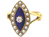 Victorian 18ct Gold, Blue Enamel, Natural Split Pearls & Diamond Navette Shaped Ring