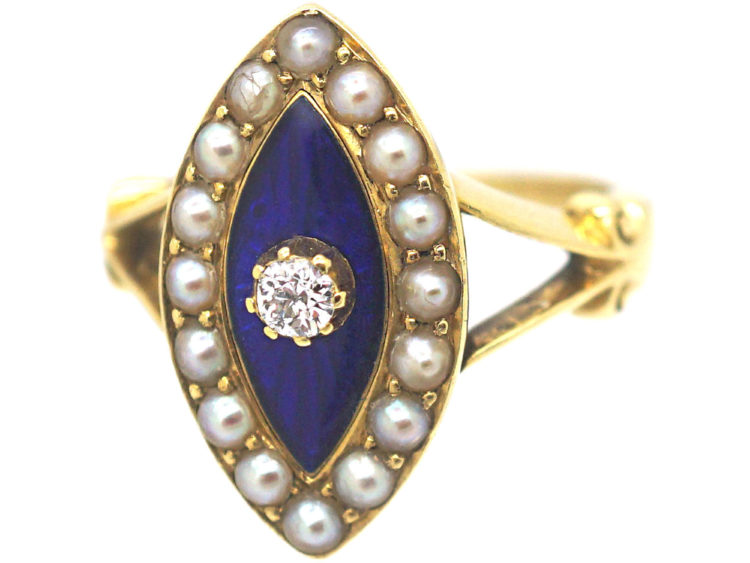 Victorian 18ct Gold, Blue Enamel, Natural Split Pearls & Diamond Navette Shaped Ring