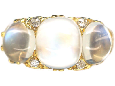 Victorian 18ct Gold Three Stone Moonstone & Diamond Carved Half Hoop Ring