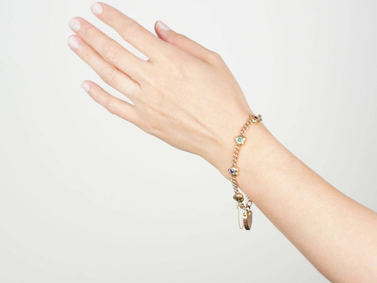 Edwardian 15ct Gold Hearts & Curb Motif Bracelet set with Gemstones that Spell Dearest