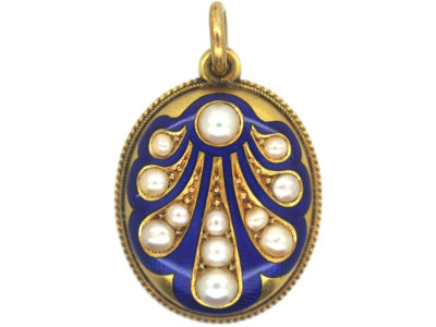 Victorian 18ct Gold Royal Blue Enamel & Natural Split Pearl Pendant with Scallop Motif