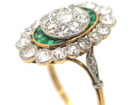 French Art Deco 18ct Gold & Platinum, Emerald & Diamond Ring with Central Diamond Cluster