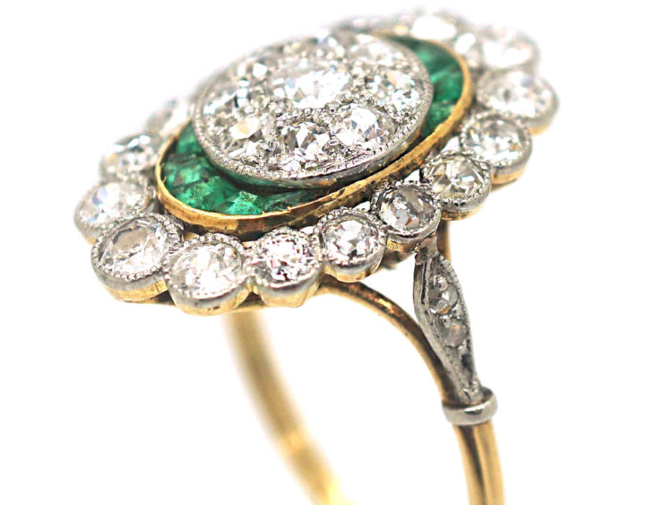 French Art Deco 18ct Gold & Platinum, Emerald & Diamond Ring with Central Diamond Cluster