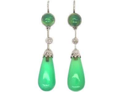 Edwardian Platinum, Chrysoprase & Diamond Drop Earrings