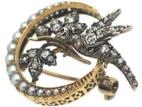 Edwardian Crescent & Dove Brooch set with Natural Split Pearls & Diamonds