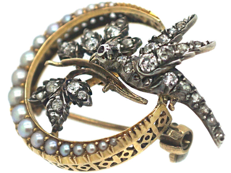 Edwardian Crescent & Dove Brooch set with Natural Split Pearls & Diamonds