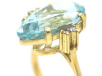 1950s 18ct Gold Large Pear Shaped Blue Topaz Ring with Diamond Set Shoulders