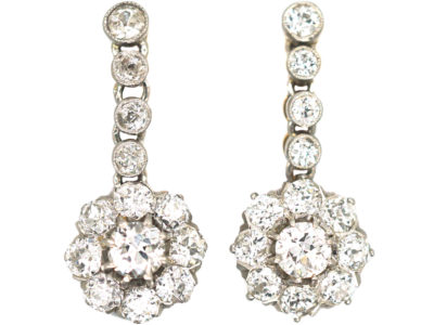 Swedish Early 20th Century 18ct Gold & Platinum, Diamond Drop Daisy Cluster Earrings