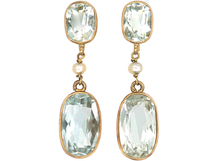 Edwardian Aquamarine & Natural Pearl Drop Earrings