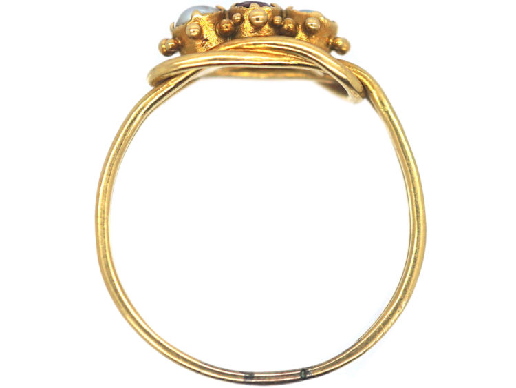Early Victorian 18ct Gold, Ruby & Natural Pearl Lover's Knot Design Ring