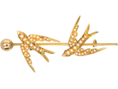 Edwardian 15ct Gold Two Swallows Brooch