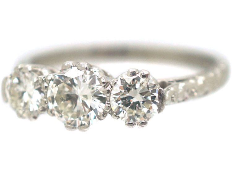 Art Deco Platinum, Three Stone Diamond Ring with Engraved Floral Shank
