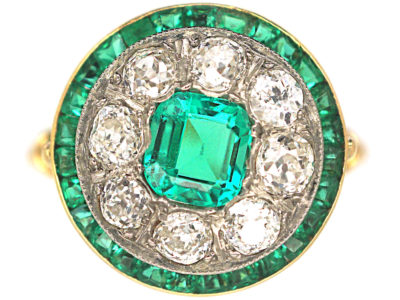 Art Deco 18ct Gold, Platinum, Emerald & Diamond Target Ring