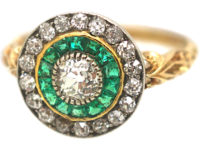 Art Deco 18ct Gold, Emerald & Diamond Target Ring
