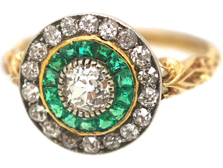 Art Deco 18ct Gold, Emerald & Diamond Target Ring