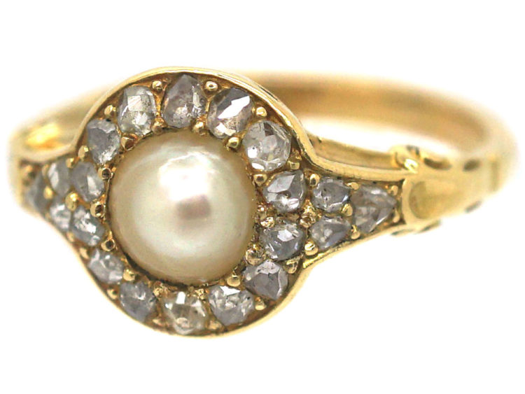 Edwardian 18ct Gold, Natural Pearl & Rose Diamond Cluster Ring
